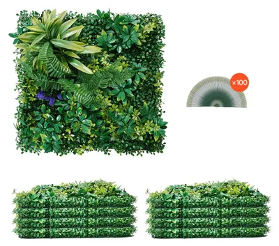 Produktbild von VEVOR Künstliches Buchsbaum-Panel UV 12 Stück Buchsbaum-Heckenwand-Panels Künstlicher Gras-Hintergrund Wand 20X20" 4cm Grünes Gras Wand Fake-Hecke für Dekoration Sichtschutzzaun Innen Außen Garten Hinterhof, 8 Stück-400 Nägel-3D Kombination-50,8x50,8 cm