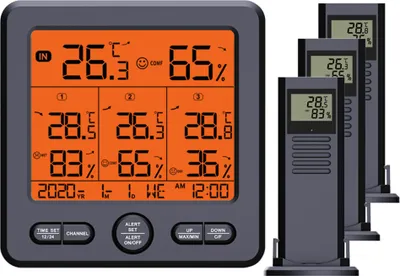 Obrázek produktu pro Rádiová meteorologická stanice se 3 venkovními senzory Vnitřní venkovní teploměr Vlhkoměr Nezávislé měření dat Vlhkost Podsvícení a funkce kalibrace alarmu Rádiová meteorologická stanice