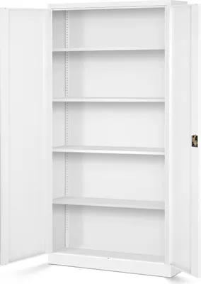 An open, empty white metal cabinet with multiple shelves.