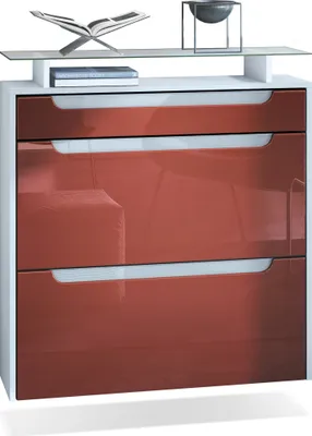 Produktbild von Vladon Schuhschrank Annie, Schuhkipper für 16 Paar Schuhe mit 2 Klappen, 1 Schublade und Glasablage, Weiß matt/Bordeaux Hochglanz, Griffmulden in Weiß Hochglanz (89 x 96 x 23 cm)