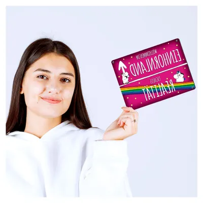 Produktbild von Metallschild mit Einhorn-Motiv und Spruch: Willkommen im Einhornland