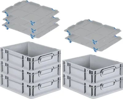 Produktbild von SparSet 5x Eurobox NextGen Economy mit Auflagedeckel und 4x Schiebeschnappverschlüsse Blau | Griffe geschlossen | HxBxT 12x30x40cm | 11 Liter | Eurobehälter, Transportbox, Transportbehälter, Stapelbehälter