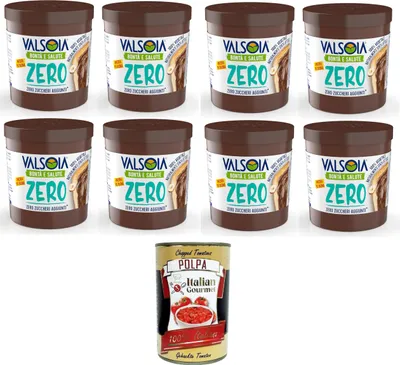 Produktbild von Valsoia - Hazelnut Plant Cream with Cocoa and Oats, 100% Plant-Based, Gluten and Palm Oil Free, Naturally Lactose Free, Ideal for Vegans, No Added Sugar, 8 x 200g + Italian Gourmet polpa 400g