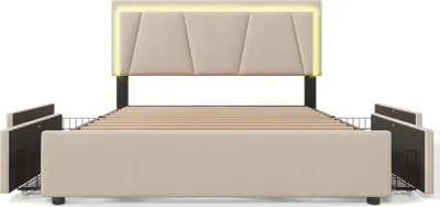Produktbild von Flieks Polsterbett 160x200cm mit 4 Schubladen, Jugendbett Doppelbett mit Lattenrost, Stauraumbett Holzbett mit LED, Leinen, Beige