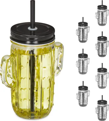Image de Verres Relaxdays avec paille et couvercle, lot de 8 verres à thé glacé et à limonade « Cactus », 500 ml, qualité professionnelle, transparents