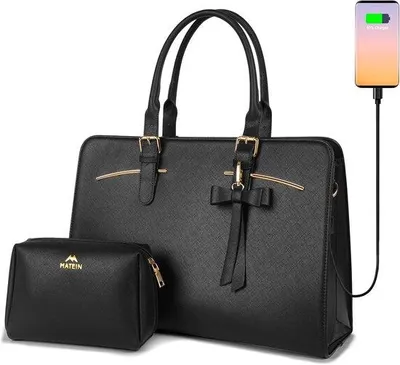 Produktbild von Famanu Laptoptasche für Frauen bis 15,6 Zoll – Wasserabweisende Handtasche mit USB Ladeanschluss und Clutch – Ideal für Arbeit und Shopping