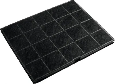 A close-up, angled view of a black charcoal filter for an appliance, laid flat against a white background. The filter is rectangular with a grid-like pattern formed by raised lines on its surface.