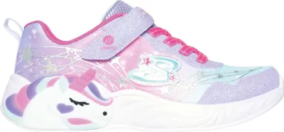 Produktbild von Skechers Kinder Sneaker Unicorn Dreams lila, Größe 28, Leuchteffekt mit Einhorn-Motiv, Ein-/Ausschalter, Farbverlauf, Metallic-Print, Elastikschnürung, Klettverschluss, Textil, Synthetik, Gummi