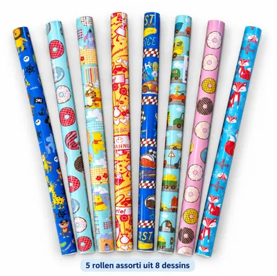 Produktbild von Benza Geschenkpapier für Kinder – 5 Rollen à 200 x 70 cm – sortiert