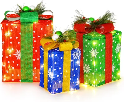 Produktbild von GOPLUS 3er Set LED Geschenkbox, Weihnachtsboxen mit 52 LED Lichtern, beleuchtete Weihnachtsdeko mit Schleifen & Schneeflocken für Weihnachtsbaum, Zuhause, Schaufenster & Gartenrasen (Bunt)