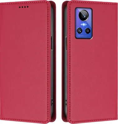 Image de Étui en cuir pour Realme GT Neo 3, étui à rabat magnétique en cuirPolyuréthaneavec support, rouge