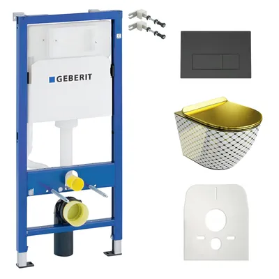 Produktbild von DOMINO Geberit Duofix Basic Vorwandelement + Wand-WC Tiefspül Sofi Slim Becken Checked Gold Spülrandlos + Bedienplatte Delta 25 für Doppelspülung |Set