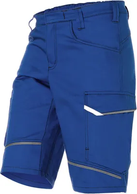 A close-up view of blue work shorts with black and gray accents.