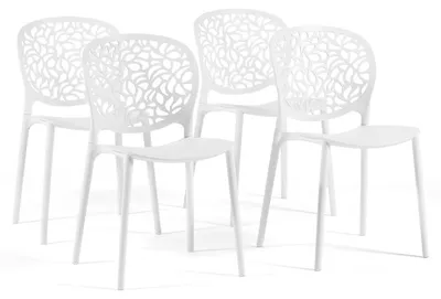 Produktbild von Set mit 4 stapelbaren Stühlen für Innen und Außen aus glasfaserverstärktem Polypropylen, Rückenlehne mit Blattmuster, für Garten Terrasse Bar Restaurant - Licia Weiß