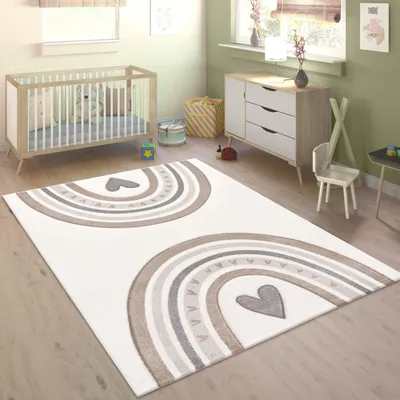 Produktbild von Kinderteppich Regenbogen mit Herz Kinderzimmer schmutzabweisend Beige Rechteckig 160x230 | 100% Polypropylen | Florhöhe: 12 mm | pflegeleicht