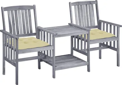 Imagen del producto de Sillas de jardín vidaXL con mesa auxiliar y cojines, fabricadas en madera de acacia maciza