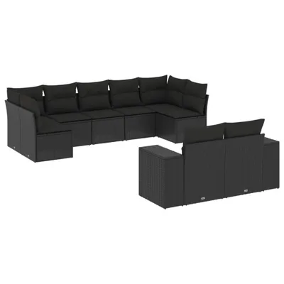 Image de vidaXL Ensemble de salon de jardin 9 pièces avec coussins noir poly rotin