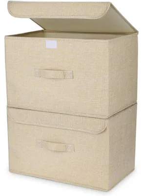 Obrázek produktu pro Úložné boxy se víkem, skládací, látkové, s uchem, 2 kusy, béžové, 38x25x25 cm
