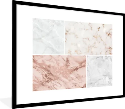 Produktbild von MuchoWow® Gerahmtes Poster Marmor - Weiß - Rosa 80x60 cm - Poster mit Schwarzem Bilderrahmen Wandposter Rahmen Foto Bilder - Schlafzimmer-Dekorationen - Fotoposter