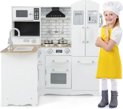 Produktbild von GOPLUS Eck Spielküche, Kinderküche mit Kühlschrank, Induktionsherd, Waschmaschine, Mikrowellenofen, Dunstabzugshaube, Telefon & Tafel, Pretend Spielset mit Töpfen & Kochutensilien