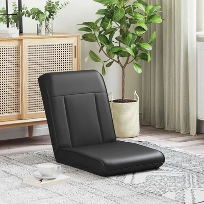 Produktbild von Verstellbarer schwarzer Fußsessel aus Kunstleder mit gepolsterter Rückenlehne, ergonomisch klappbar und faltbar für Wohnzimmer, Schlafzimmer, Meditation, Lesen und Computerspiele