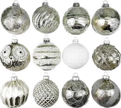 Produktbild von 12 Weihnachtskugeln Glas Christbaumkugeln Christbaumschmuck silber weiß Ø 8cm