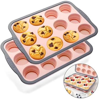 Produktbild von 2er Set Silikon Muffinblech & Muffinform – 12 Mulden Backform mit Metallrahmen, ofen- und spülmaschinengeeignet