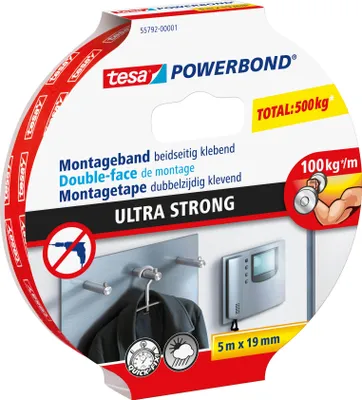 Produktbild von TESA Powerbond Ultra Strong, Montageband, Weiß, 5 m, Drinnen, Kunststoff, Stein, Holz, 1 kg/cm