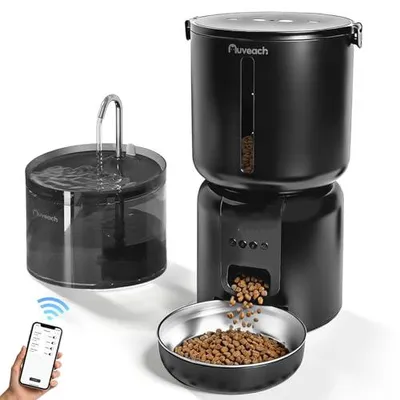Productafbeelding van Auveach Voerautomaat voor Katten en Kattenfontein Set - 4L, 2.4G WiFi Voerdispenser met Programmeerbare Timer (1–10 maaltijden/dag) & App-bediening, 2,2L Drinkfontein voor Katten en Honden (Zwart)