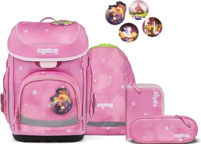 A pink Ergobag school backpack set with accessories, displayed on a white background.