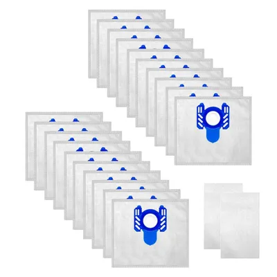 A stack of vacuum cleaner bags and two filters on a white background.