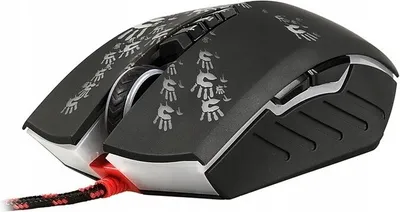 A close-up, angled view of a black gaming mouse with silver accents and a red braided cable, set against a white background.