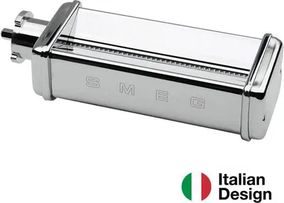 A chrome-finished pasta cutter attachment with the SMEG logo and an 'Italian Design' badge.