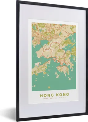 Produktbild von MuchoWow® Gerahmtes Poster Karte - Hongkong - Stadtplan - Vintage - Karte 40x60 cm - Poster mit Schwarzem Bilderrahmen Wandposter Rahmen Foto Bilder - Poster in Rahmen