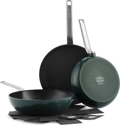 Image de Set de 3 woks et poêles en céramique vert Dennen, anodisation dure, sans PFAS, compatible avec l'induction et le lave-vaisselle