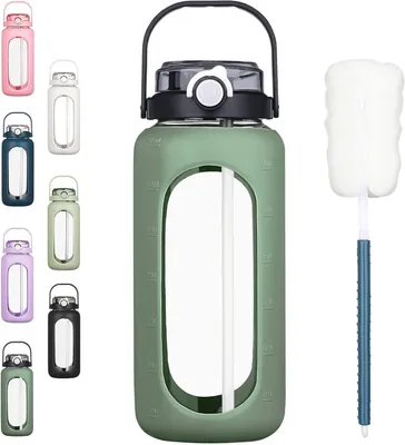 Immagine prodotto di Bottiglia d'acqua in vetro da 2000 ml, con cannuccia, indicatore del tempo, rivestimento in silicone, ideale per lo sport