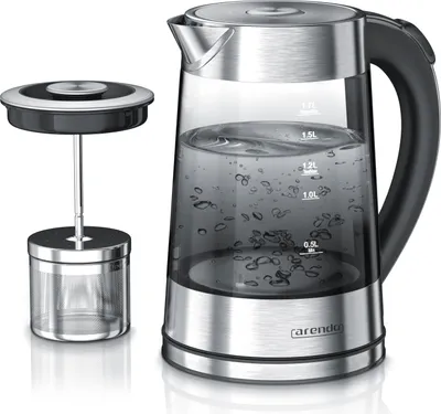A glass electric kettle with a tea infuser is shown against a white background.