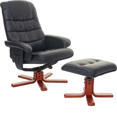 A black leather recliner chair and ottoman are displayed on a white background.