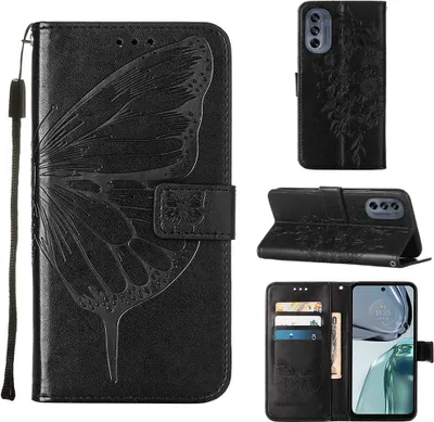 Obrázek produktu pro Moto G62 5G Pouzdro, Motýlí Reliéf Flip Kožené Pouzdro s Kapsami na Karty a Stojánkem pro Motorola Moto G62 5G černé