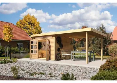 Produktbild von Gartenhaus Karibu Skandi 6 inkl. Anbaudach 3,2 m 612 x 303 cm natur