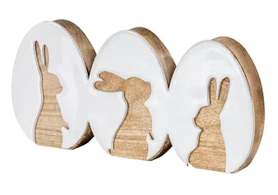 Produktbild von Deko Aufsteller Ostereier Hasendekor Mangoholz Natur Weiß Tischdeko Ostern Holz Hase Osterdeko Figur Osterhase