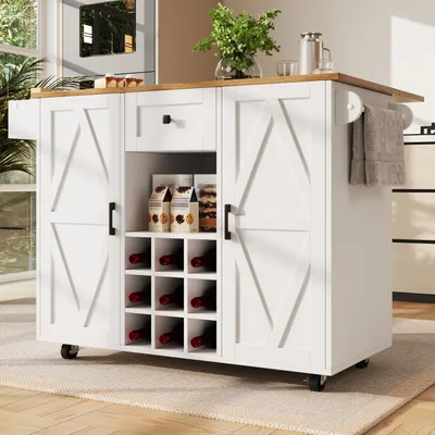 Produktbild von Kücheninsel mit Stauraum, klappbare Kücheninsel aus MDF und Metall, weiß, 137,5 × 40 × 95,6 cm, ausziehbare Tischplatte und Rollen