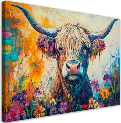 Produktbild von Leinwandbild Bunt Schottische Kuh Blumen 120x80 Feeby Bunt bild für die wand bereit zum aufhängen