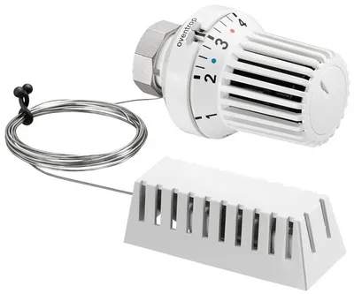 A white thermostat valve with a connected capillary tube and a white sensor housing, isolated on a white background.