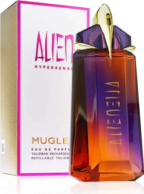 A perfume bottle and its packaging are displayed against a white background.