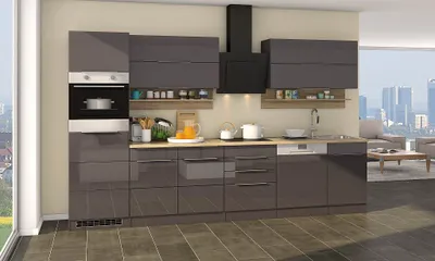 Produktbild von Küchenblock Neapel 330 cm grau hochglanz mit Geschirrspüler und Glaskeramik Kochfeld
