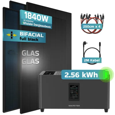 Produktbild von SUNNIVA® 1840W Balkonkraftwerk mit 2,24kWh Speicher MARSTEK Jupiter C + Plus, 4x460W BIFAZIAL FULLBLACK komplett Steckdose, Solaranlage Solarspeicher