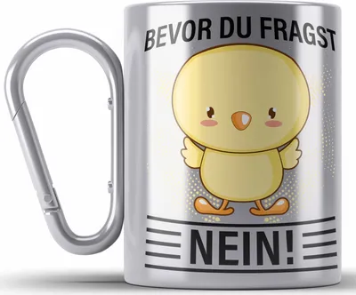 Produktbild von Trendation - Bevor Du Fragst Nein Edelstahl Tasse Karabiner Geschenk Lustiger Spruch (Silber)