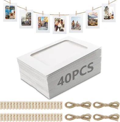 Produktbild von Bilderrahmen 40 Stück Papier-Fotorahmen, 10 x 15 cm, weißer Fotorahmen, Papp-Fotogirlande mit 40 Holzklammern und 4 Stück Hanfseil, Fotolinie mit Klam