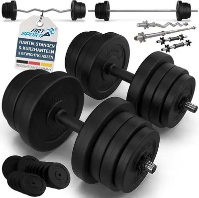 Produktbild von Hantelset mit 2 Kurzhanteln, 1 Langhantel & 1 SZ Curlhantel - 12 Gewichte mit 60kg und Sternverschlüssen - Hantel Set Krafttraining